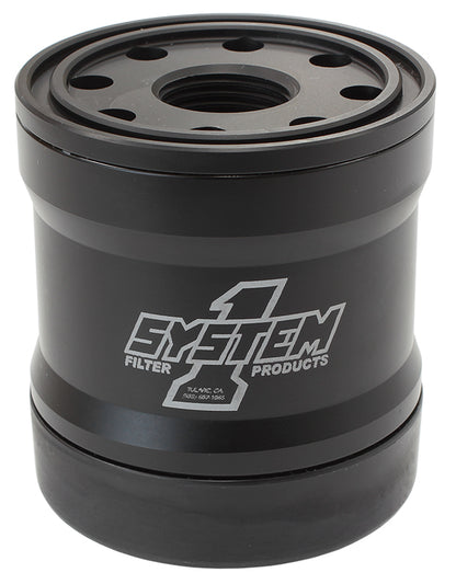 System One SY210-314 Spin On Oil Filter 3" Long Black anodized w/ Metric Threads 3-3/4" Diameter w/ 35 Micron S/S Filter