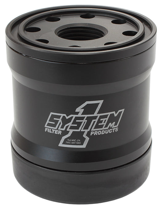 System One SY210-314 Spin On Oil Filter 3" Long Black anodized w/ Metric Threads 3-3/4" Diameter w/ 35 Micron S/S Filter