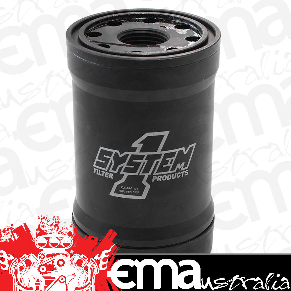 System One SY210-514 Spin On Oil Filter 5-1/4" Long Black anodized w/ Metric Threads 3" Diameter w/ 35 Micron S/S Filter