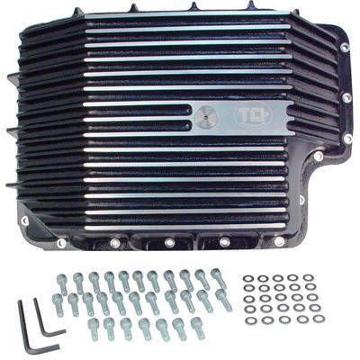 TCI Auto TCI498010 Automatic Transmission Pan Deep Aluminum Black Wrinkled Ford E4Od 4R100