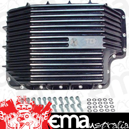 TCI Auto TCI498010 Automatic Transmission Pan Deep Aluminum Black Wrinkled Ford E4Od 4R100