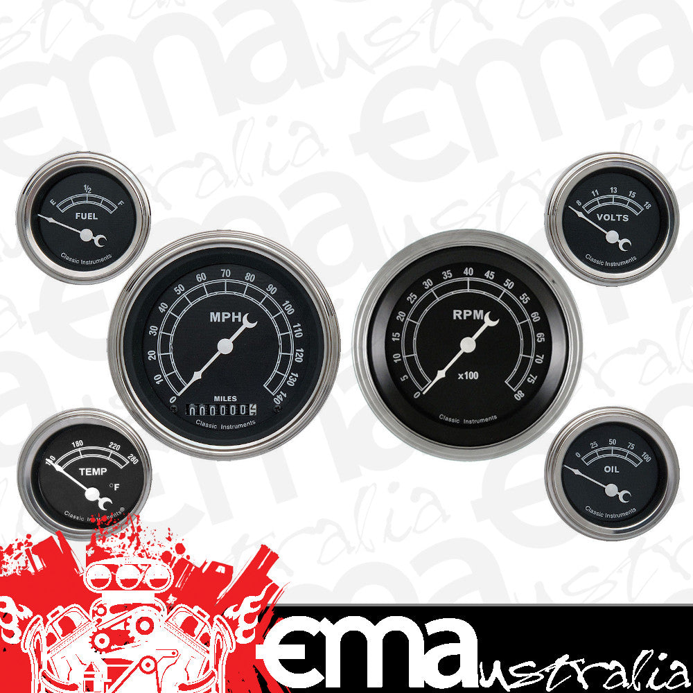Classic Instruments TR01SLF Traditional - 6 Gauge Set 3-3/8" Speedo & Tacho, 2-1/18" Fuel, Oil, Temp, Volts