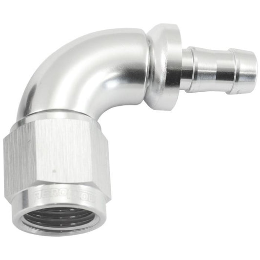 Aeroflow AF513-06-05S 510 Series Full Flow Tight Radius Push Lock 90Â° Hose End -6AN To 5/16" (8mm) Barb Silver Finish. Suits 400 & 500 Series Hose