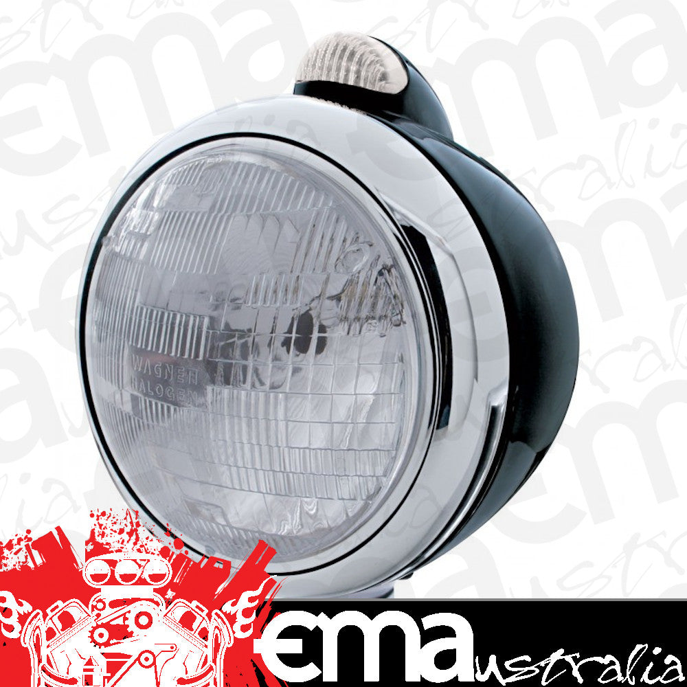 UPI Reproductions UP31555 Black GUIDE H6024 Halogen Headlight Assembly 7&quot O.D w/ LED/Clear Lens & Chrome Rim