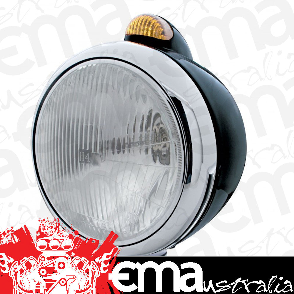 UPI Reproductions UP31557 Black GUIDE H4 Halogen Headlight Assembly 7&quot O.D w/ LED/Amber Lens