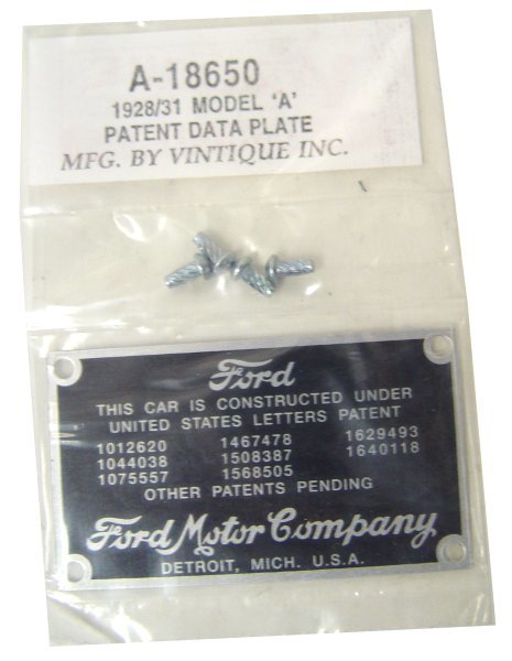 Vintique Inc Firewall Patent Plate With Rivets (Suit 1928-31 Ford) (VIA-18650)