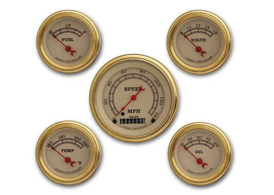 Classic Instruments VT00GLF Vintage - 5 Gauge Set 3-3/8" Speedo, 2-1/18" Fuel, Oil, Temp, Volts