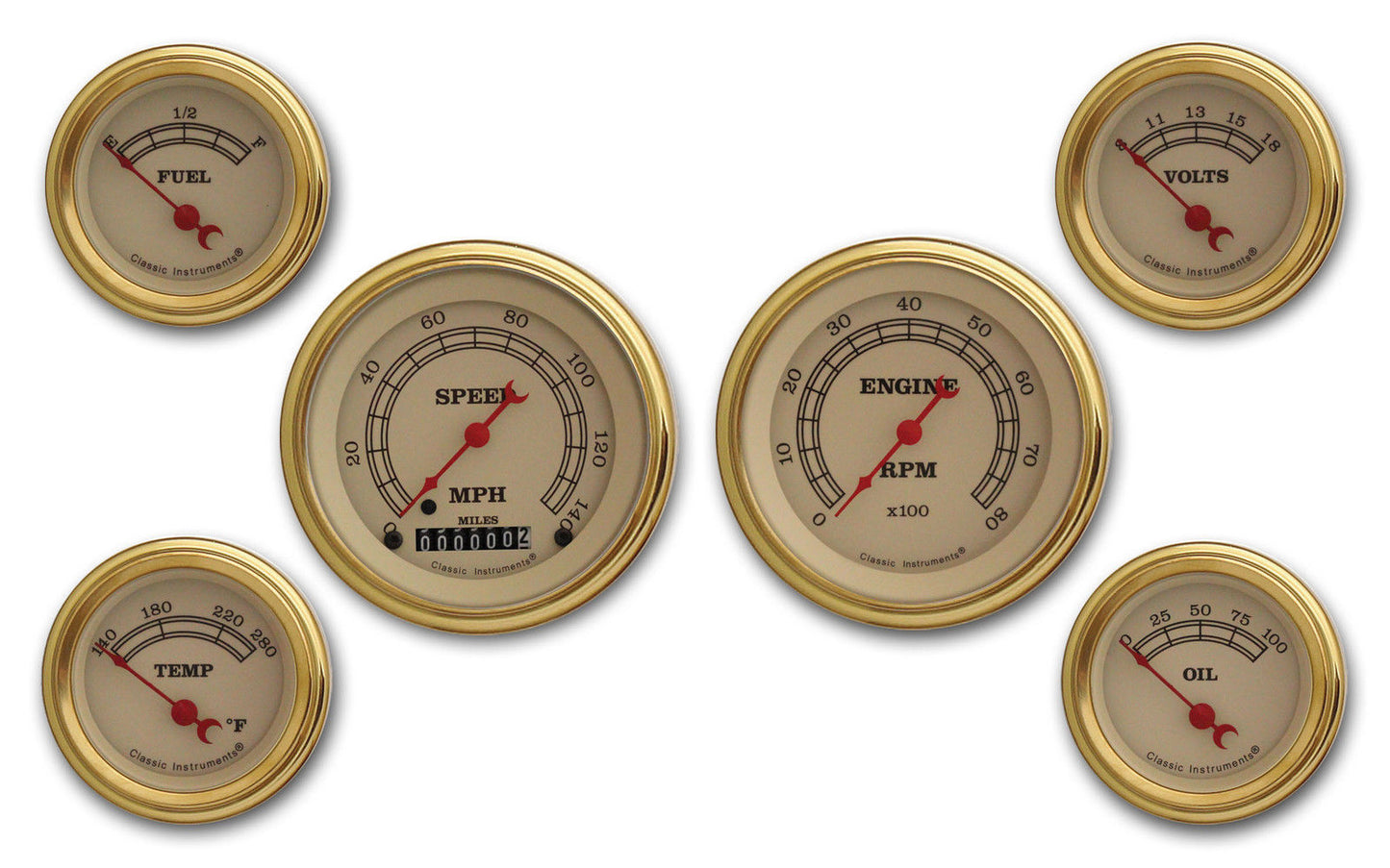 Classic Instruments VT01GLF Vintage - 6 Gauge Set 3-3/8" Speedo & Tacho, 2-1/18" Fuel, Oil, Temp, Volts