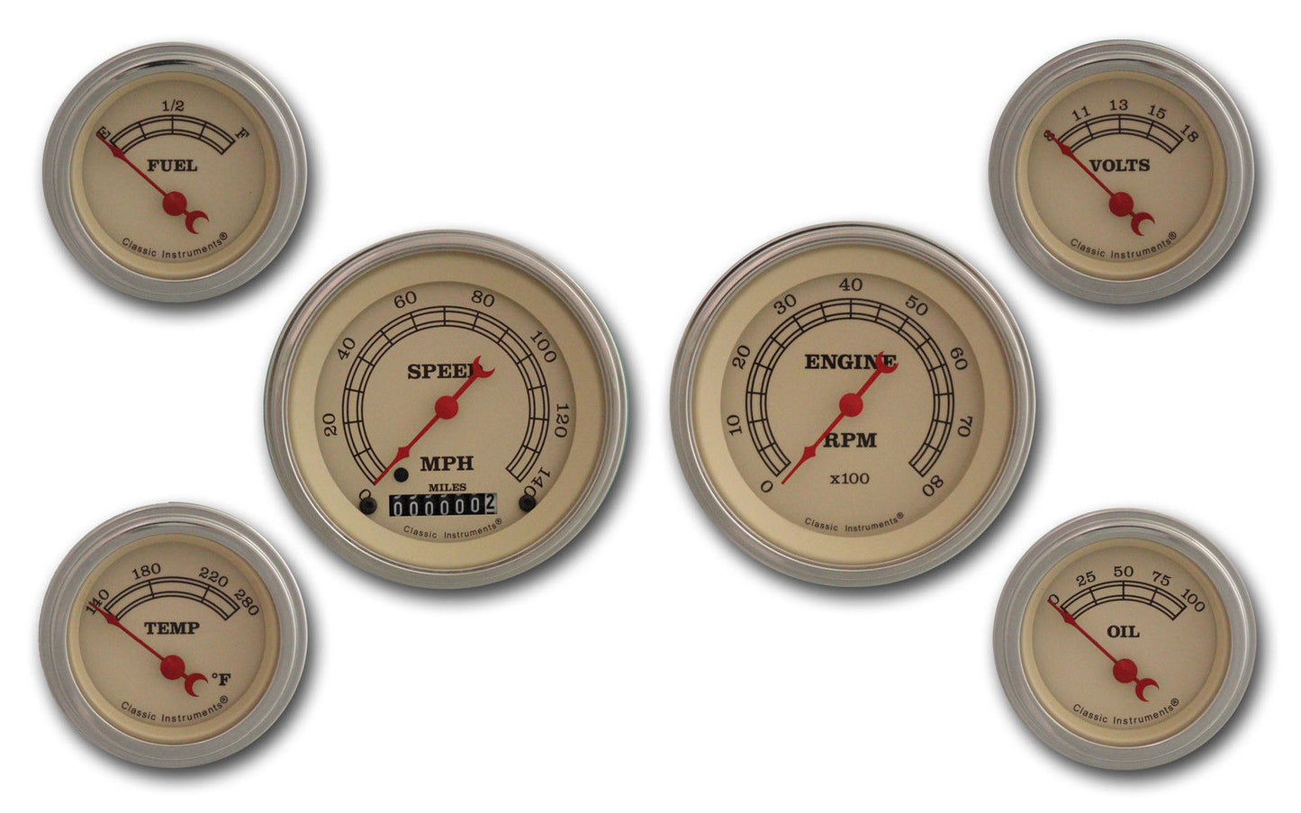 Classic Instruments CIVT01SLC Vintage - 6 Gauge Set 3-3/8" Speedo & Tacho, 2-1/18" Fuel, Oil, Temp, Volts