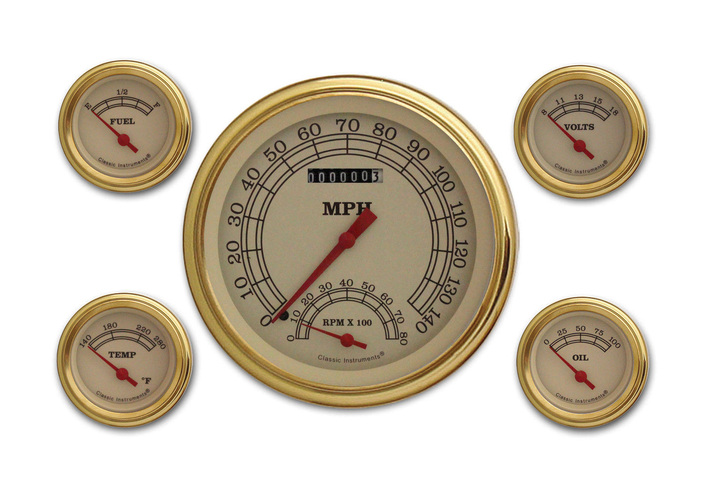 Classic Instruments VT65GLF Vintage - 5 Gauge Set 4-5/8" Speedtachular & 2-1/8" Fuel, Oil, Temp, Volts