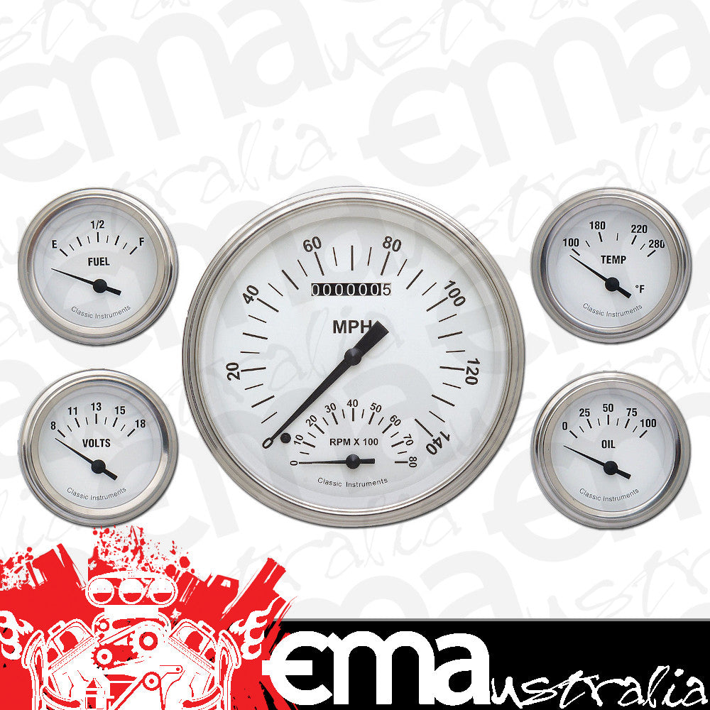 Classic Instruments WH65SLF White Hot - 5 Gauge Set 4-5/8" Speedtachular & 2-1/8" Fuel, Oil, Temp, Volts