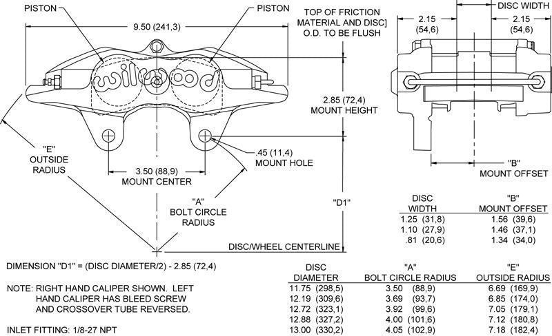 WILWOOD SUPERLITE 4SPOT CALIPER SIDE INLET 13" X .81" ROTOR L/H WB 120-7430-SI