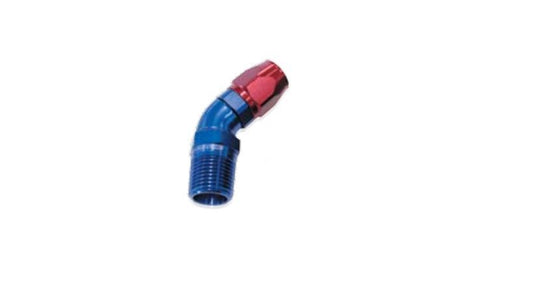 Aeroflow 100 & 450 series braided hose Male 1/4 NPT 45 Deg to -8 Hoseblue Full Flow Billet 1 Piece Aeroflow Performance Products AF528-08-04