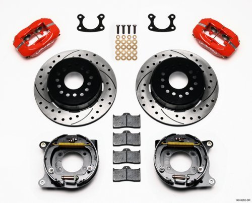Dynalite Rear Parking Brake Kit Drilled Polished, Red Caliper (Suit Small Ford, 2.50" Axle Offset) (WB140-9282-DR)