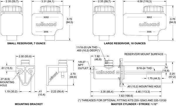 WILWOOD COMPACT COMBINATION MASTER CYL WB260-10372 REMOTE RESERVOIR 3/4" BORE