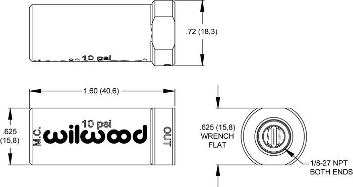 WILWOOD RESIDUAL PRESSURE VALVE WB260-13784 , 10PSI 1/8"NPT IN/OUTLET W/FITTINGS