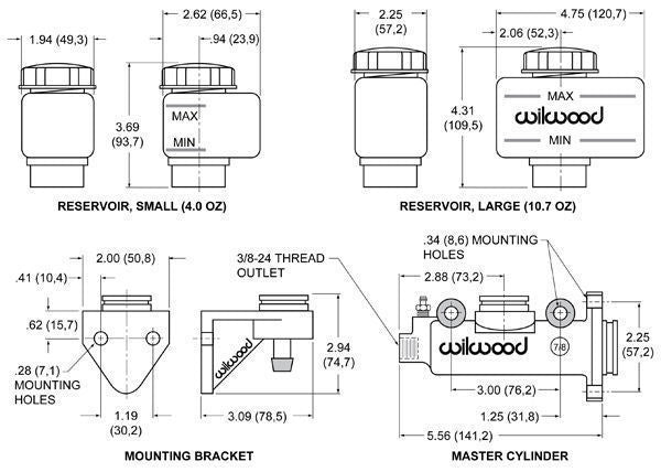 Wilwood 260-3380 Aluminium Master Cylinder 1-1/8" Bore Remote Reservoir