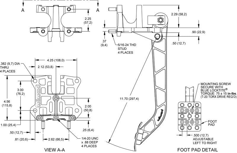 WILWOOD ADJUSTABLE REVERSE FIREWALL MOUNT BRAKE PEDAL BLACK ALLOY WB340-12509