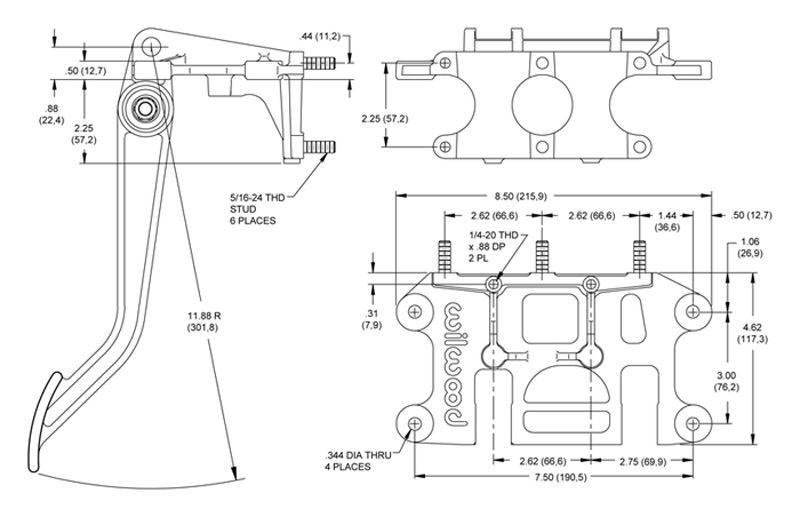 WILWOOD CLUTCH/BRAKE PEDAL ASSEMBLY WB340-3950 TRPLE MASTER CYL FORWARD STYLE