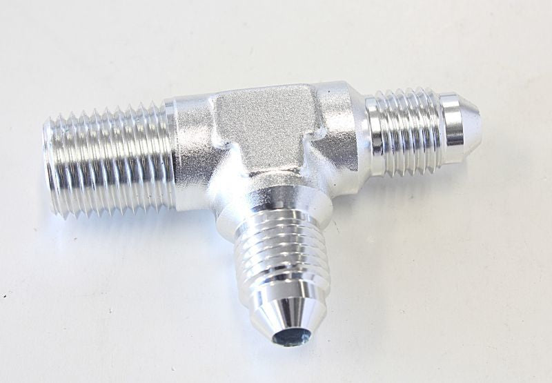 Aeroflow AF826-04-04S Tee -4AN with 1/4" NPT On Run Silver AN Tee with NPT On Run