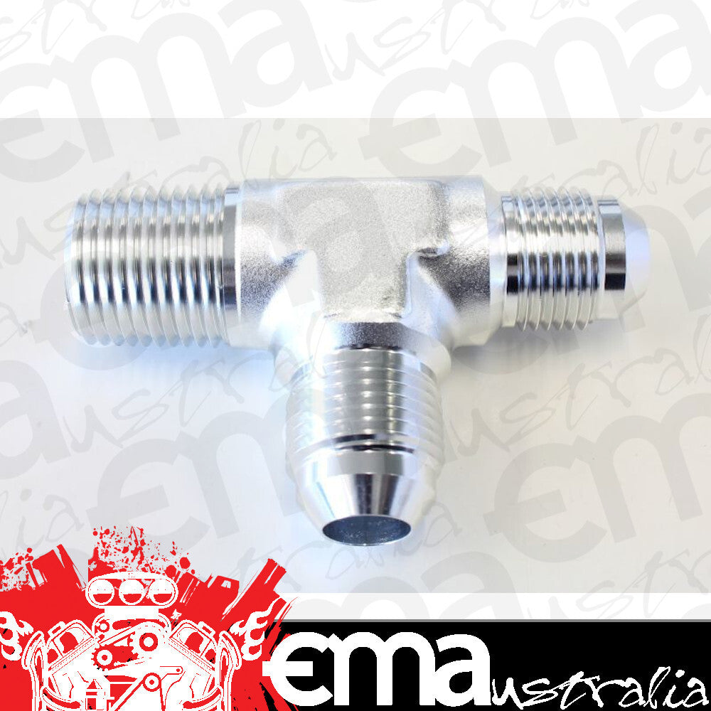 Aeroflow AF826-08-08S Tee -8AN with 1/2" NPT On Run Silver AN Tee with NPT On Run
