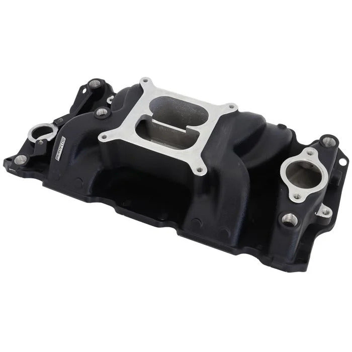 Aeroflow AF6210-1001 SB Chev Air Gap Dual Plane Intake Manifold Black Finish 1500 - 6500 RPM Square Bore Carburettor Pad Non-EGR