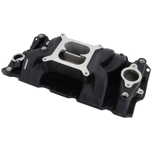 Aeroflow AF6210-1001 SB Chev Air Gap Dual Plane Intake Manifold Black Finish 1500 - 6500 RPM Square Bore Carburettor Pad Non-EGR