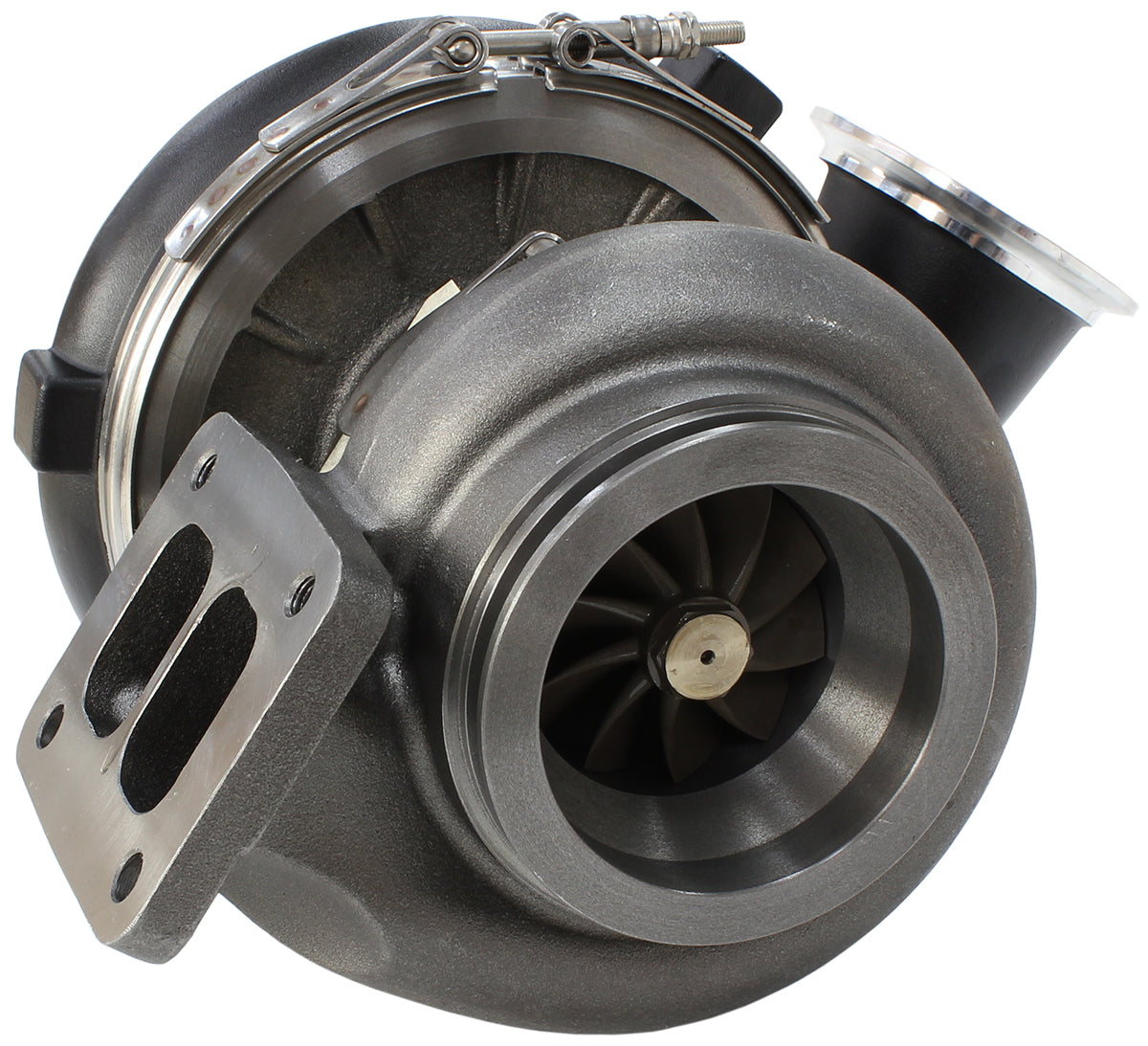 BOOSTED 7677 1.15 Turbocharger 475-1450HP Rating - Hi Temp Black Finish (External Wastegate, T4 Inlet Flange, V-Band Exhaust Flange)