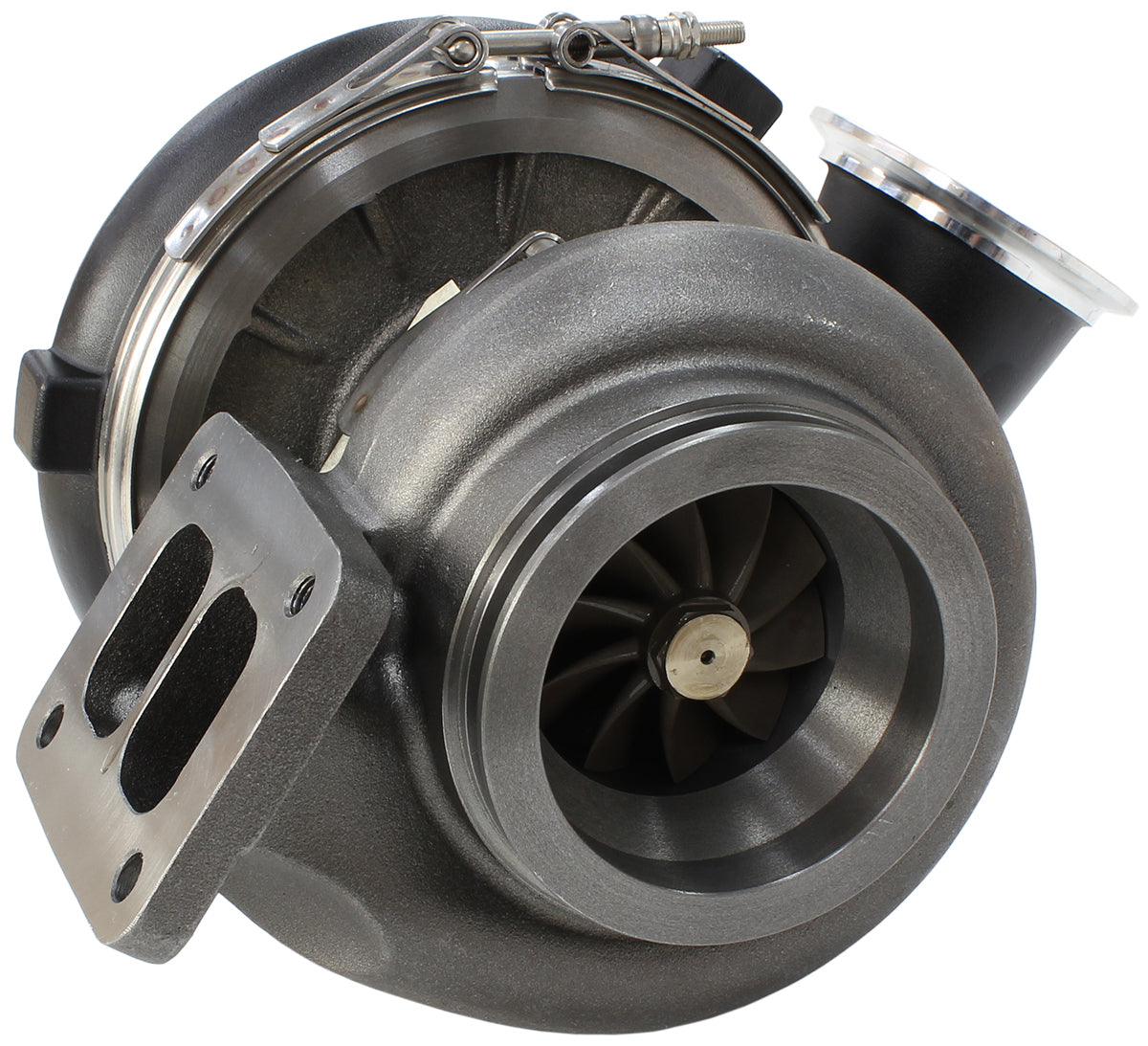 BOOSTED 7677 1.15 Turbocharger 475-1450HP Rating - Hi Temp Black Finish (External Wastegate, T4 Inlet Flange, V-Band Exhaust Flange)