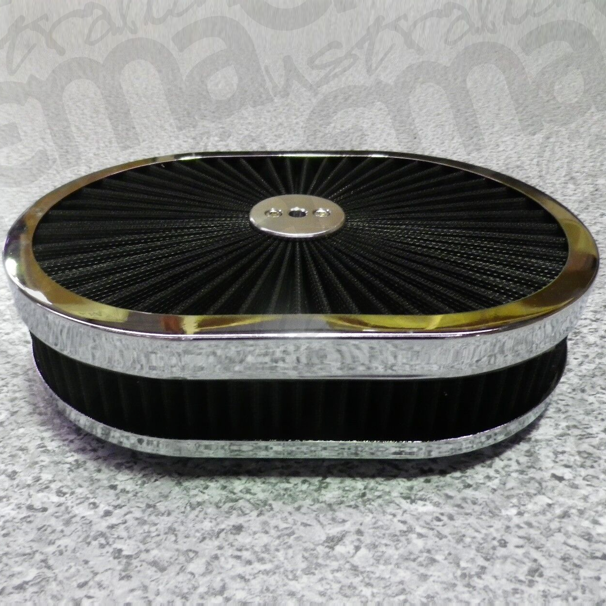 EMA-1457 | Supa Flow Air Cleaner Black & Chrome 12" x 2" Oval, 5 1/8" Hole Flat Base