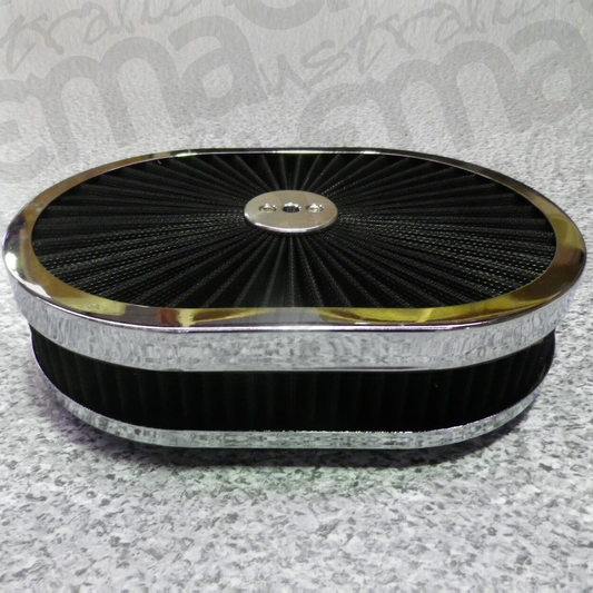 EMA-1457 | Supa Flow Air Cleaner Black & Chrome 12" x 2" Oval, 5 1/8" Hole Flat Base