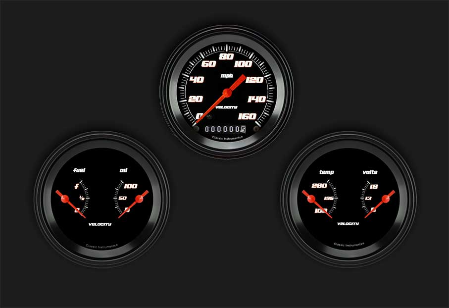 Classic Instruments VS04BBLF Velocity Black - 3 Gauge Set 3-3/8" Speedo & 2x Dual