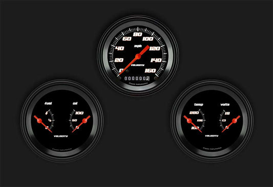 Classic Instruments VS04BBLF Velocity Black - 3 Gauge Set 3-3/8" Speedo & 2x Dual