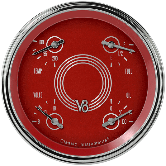 Classic Instruments V8RS75SLC V8 Red Steelie - Quad Gauge 4-5/8" (240-33 OHM)