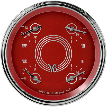 Classic Instruments V8RS31SLC V8 Red Steelie - Quad Gauge 4-5/8" (Fuel 0-30 OHM)