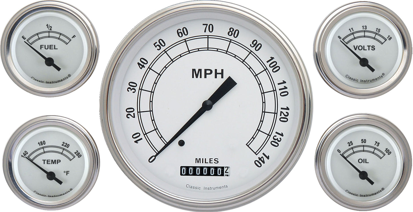 Classic Instruments CW54SLF Classic White 4 - 5/8" Speedo, 2-1/8" Fuel, Oil, Tem