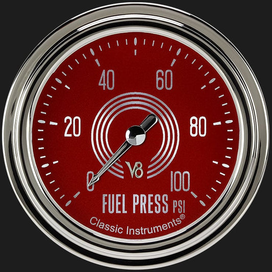 Classic Instruments V8RS346SLC V8 Red Steelie 2 5/8" Fuel Pressure Gauge, 100 psi