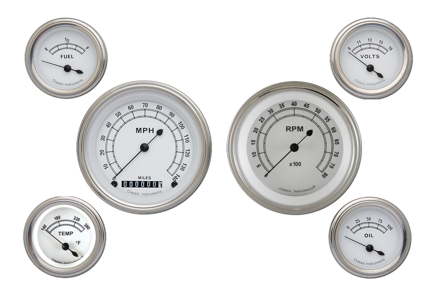 Classic Instruments CW01SLF Classic White - 6 Gauge Set 3-3/8" Speedo & Tacho, 2-1/18" Fuel, Oil, Temp, Volts