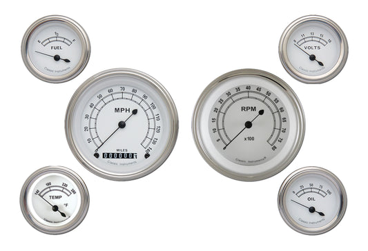 Classic Instruments CW01SLF Classic White - 6 Gauge Set 3-3/8" Speedo & Tacho, 2-1/18" Fuel, Oil, Temp, Volts