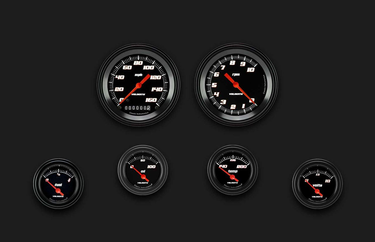 Classic Instruments VS01BBLF Velocity Black - 6 Gauge Set 3-3/8" Speedo & Tacho, 2-1/18" Fuel, Oil, Temp, Volts