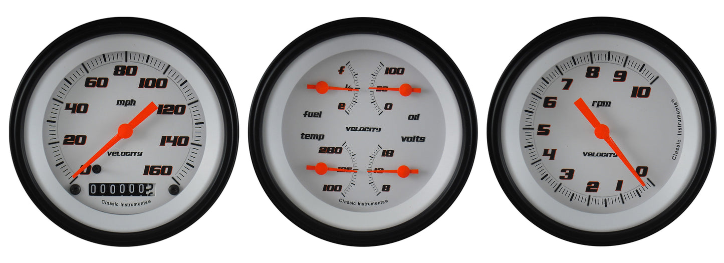 Classic Instruments VS03WBLF Velocity White - 3 Gauge Set 3-3/8" Speedo, Tach & Dual