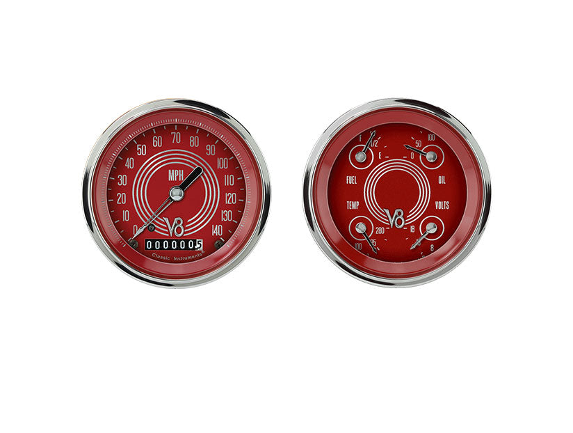 Classic Instruments V8RS02SHC V8 Red Steelie - 2 Gauge Set 3-3/8" Speedo & 3-3/8" Quad