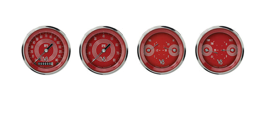 Classic Instruments V8RS05SHC V8 Red Steelie - 4 Gauge Set 3-3/8" Speedo, Tacho & 2x Dual