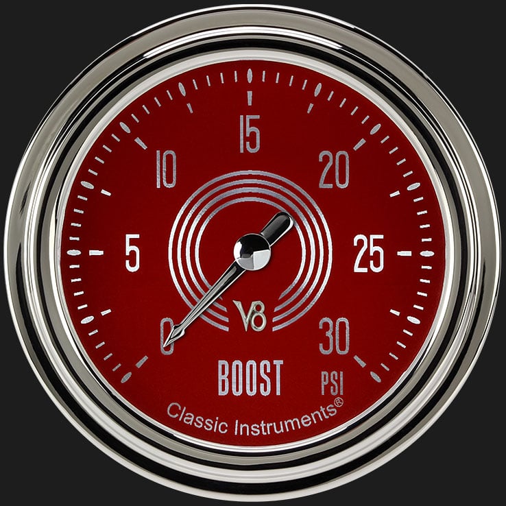Classic Instruments V8RS342SLC V8 Red Steelie 2 5/8" Boost Gauge, 30 psi