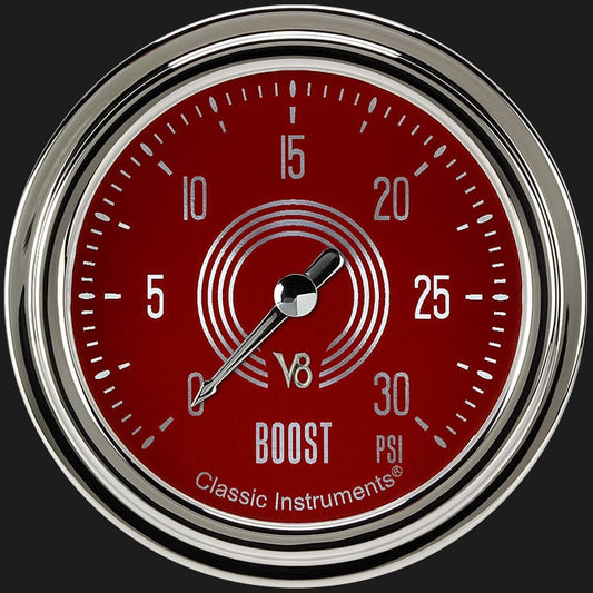 Classic Instruments V8RS342SLC V8 Red Steelie 2 5/8" Boost Gauge, 30 psi