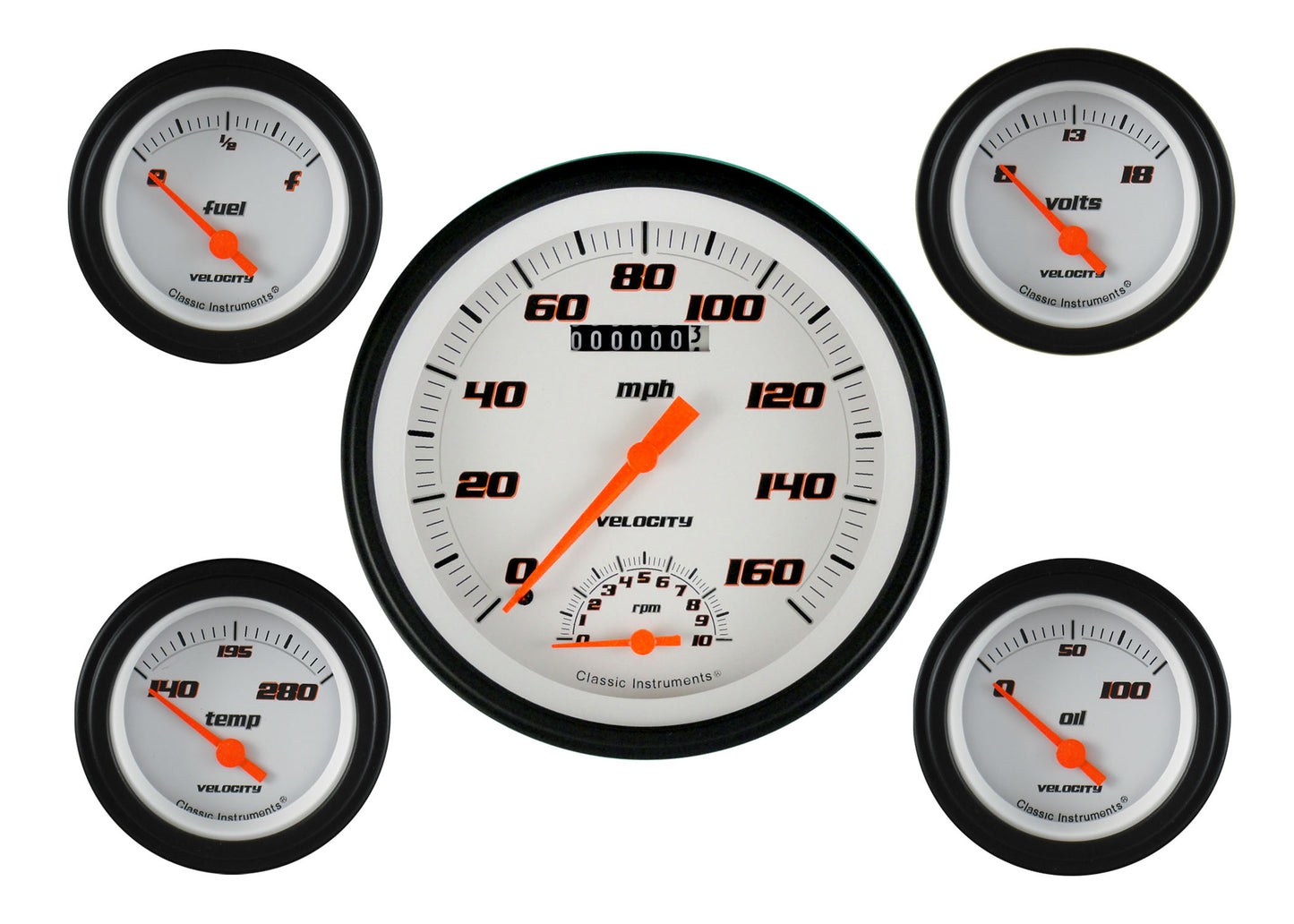 Classic Instruments VS65WBLF Velocity White - 5 Gauge Set 4-5/8" Speedtachular & 2-1/8" Fuel, Oil, Temp, Volts