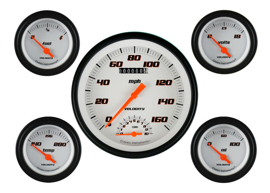 Classic Instruments VS65WBLF Velocity White - 5 Gauge Set 4-5/8" Speedtachular & 2-1/8" Fuel, Oil, Temp, Volts
