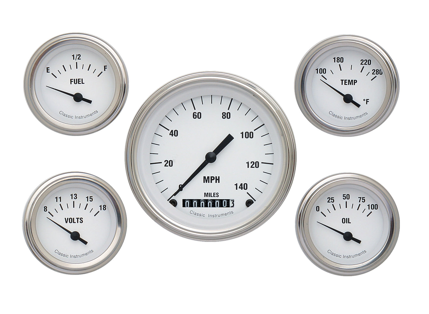 Classic Instruments WH00SLF White Hot - 5 Gauge Set 3-3/8" Speedo, 2-1/18" Fuel, Oil, Temp, Volts