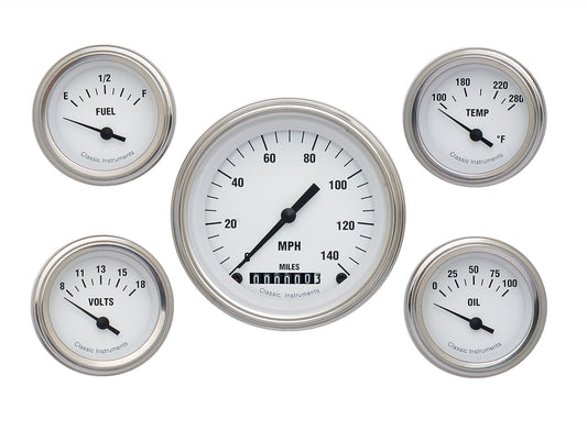 Classic Instruments WH00SLF White Hot - 5 Gauge Set 3-3/8" Speedo, 2-1/18" Fuel, Oil, Temp, Volts