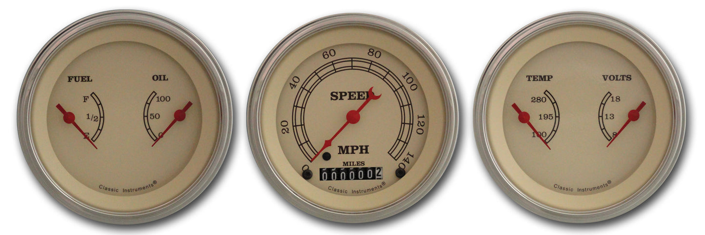 Classic Instruments VT04SLF Vintage - 3 Gauge Set 3-3/8" Speedo & 2x Dual